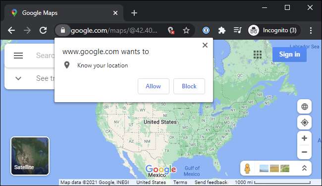 Google Maps asking for physical location access in Google Chrome on Windows 10.