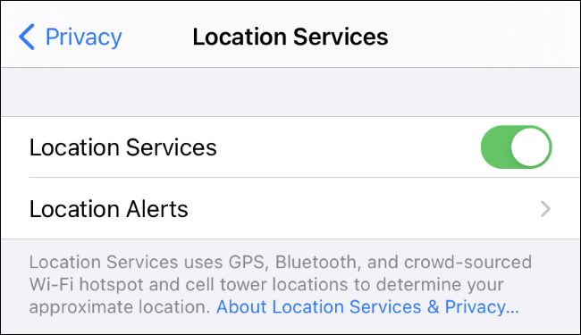 The Location Services setting and disclaimer in the Settings app on an iPhone.